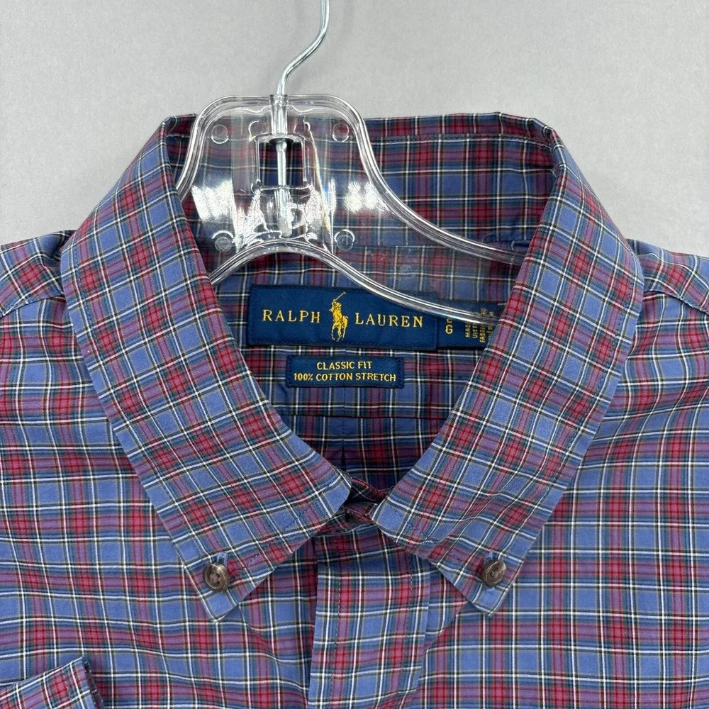 Ralph Lauren Shirt Mens Large Blue Red Plaid Button Up Tartan Cotton‎ Stretch